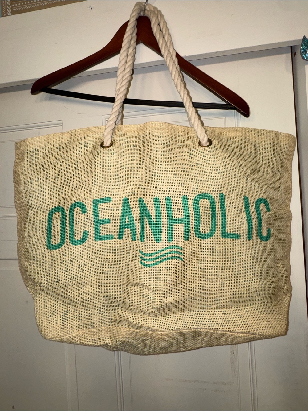 Pier 27 Oceanholic Jute Beach Tote Bag Rope Handles Coastal Nautical Large